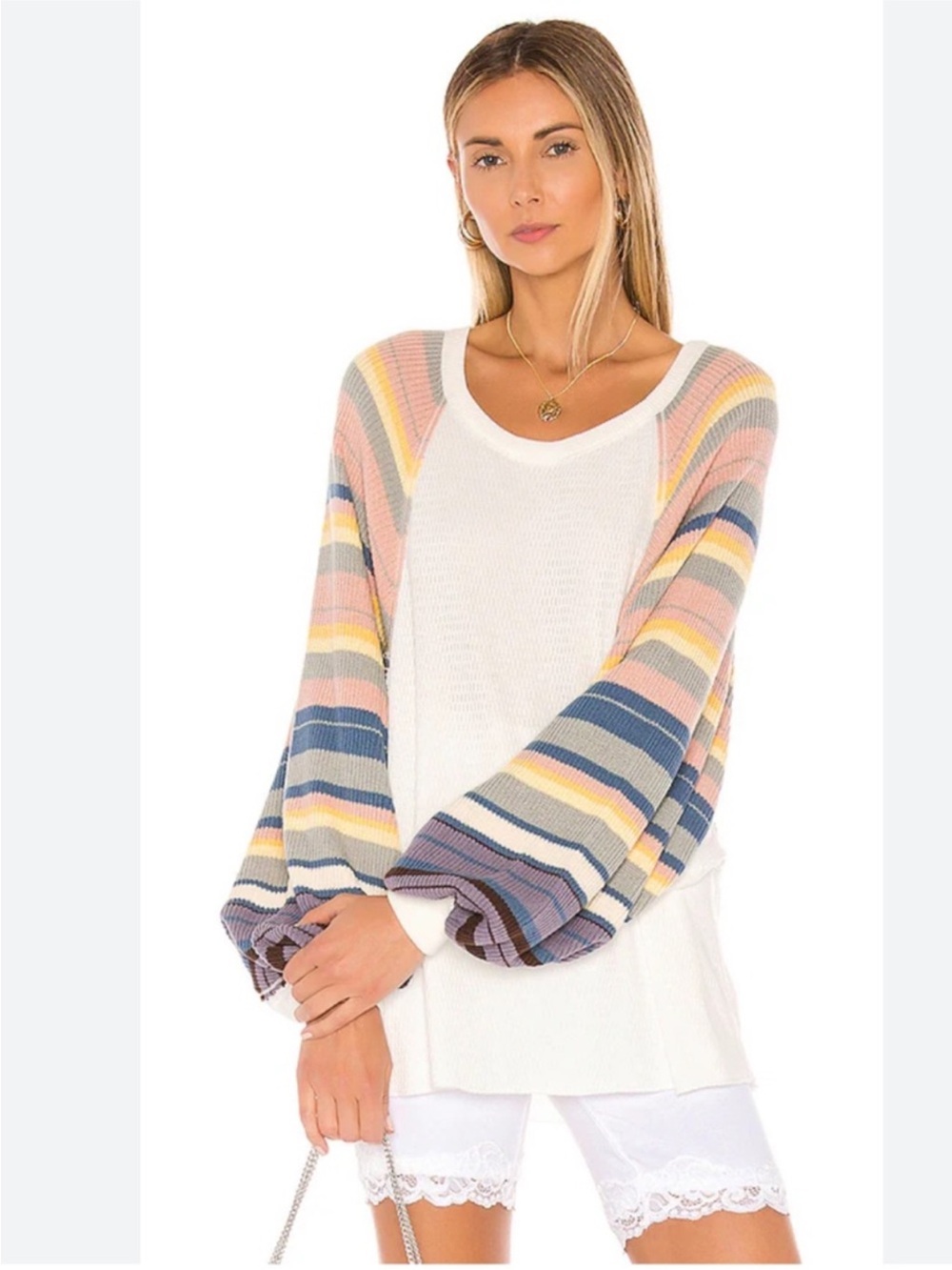 Free People Rainbow Dreams Balloon Sleeve Thermal Knit Blouse, EUC, Medium